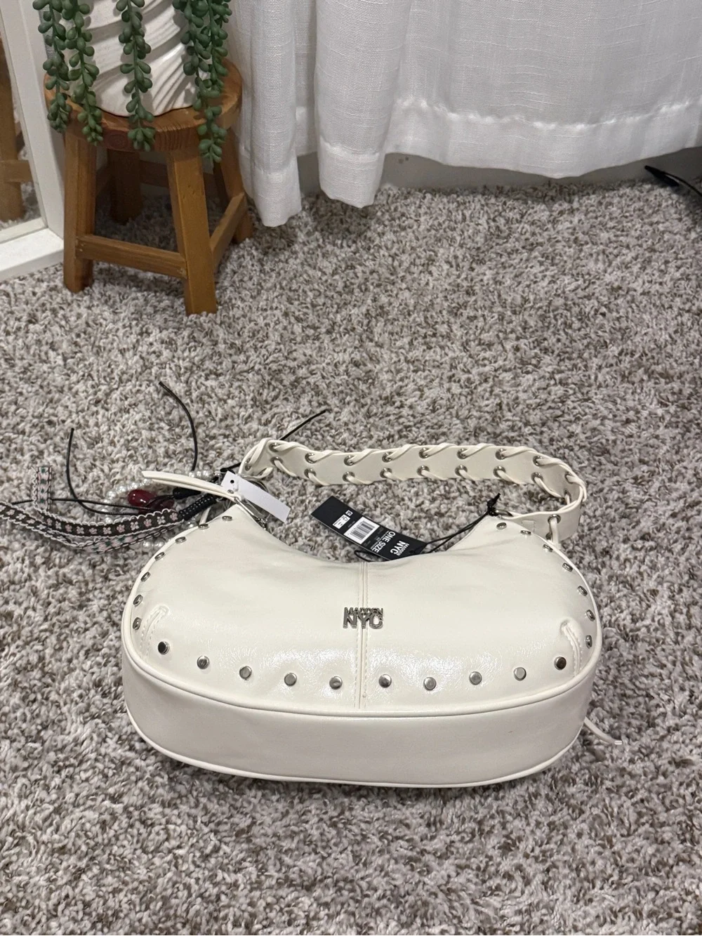 Madden NYC White Studded Hobo Shoulder Bag with Charm